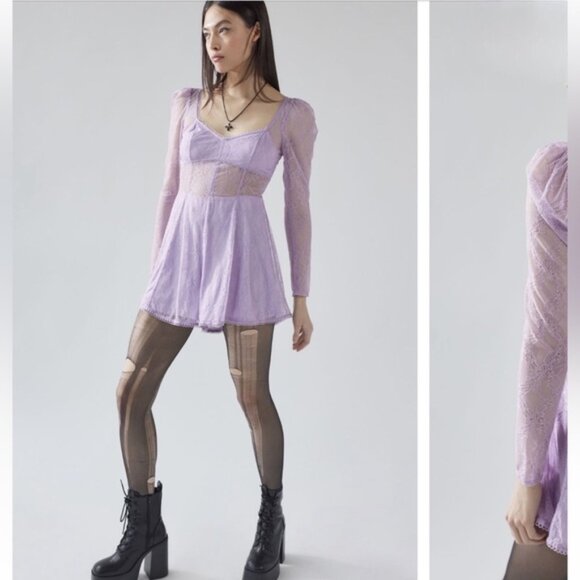 Urban Outfitters | Leah Lace Semi Sheer Romper New Small Lilac Lavender Purple - Picture 7 of 10